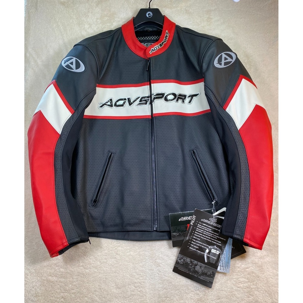 AGV Sport Pilot Vented Leather Motorcycle Jacket Size 46 Black Red Armored NWT